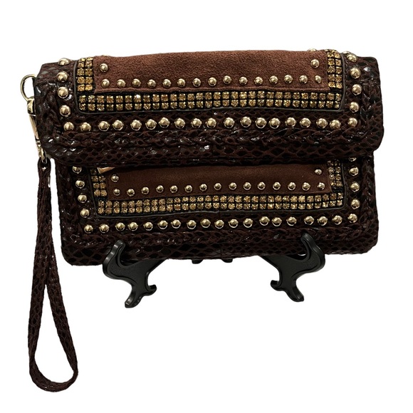 Cache Brown Leather and Suede Studded Wristlet Clutch - Picture 8 of 10